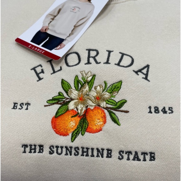 NEW State of Mine Florida Embroidered Cream Sweatshirt with Orange Graphic XL - Picture 2 of 5